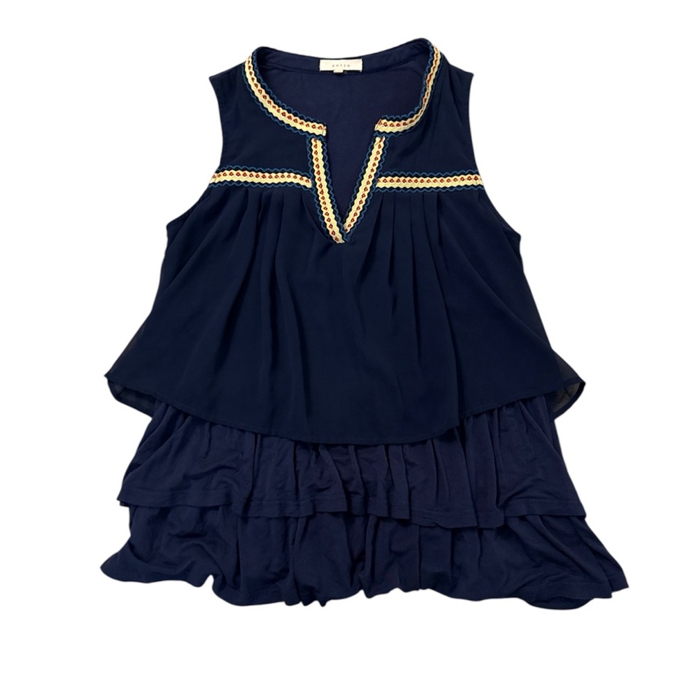 Entro Women’s Navy Blue Tiered Sleeveless Embroidered Boho Top Size Small